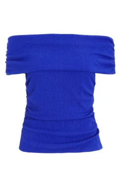 Quiz Textured Bardot Ruched Top Blue Outlet