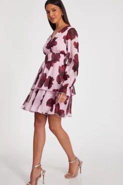 Quiz Blush Floral Tiered Skater Dress Sale