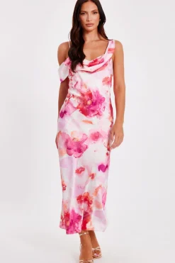 Quiz Blush Satin Tropical Print Midaxi Dres Hot