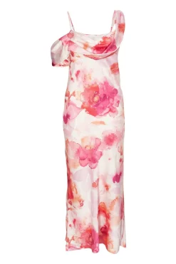 Quiz Blush Satin Tropical Print Midaxi Dres Hot