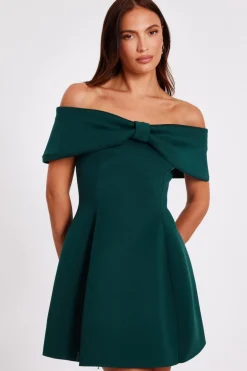Quiz Bardot Bow Skater Dress Bottle Green