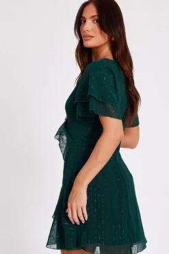 Quiz Chiffon Ruffle Mini Dress Bottle Green Hot