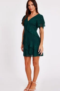 Quiz Chiffon Ruffle Mini Dress Bottle Green Hot