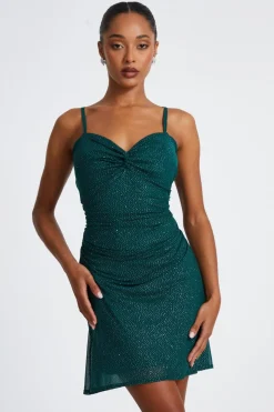 Quiz Glitter Mesh Mini Dress Bottle Green New