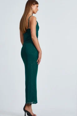 Quiz Glitter Mesh Midaxi Dress Bottle Green Clearance