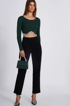 Quiz Knit Diamante Crop Top Bottle Green Online