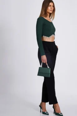 Quiz Knit Diamante Crop Top Bottle Green Online