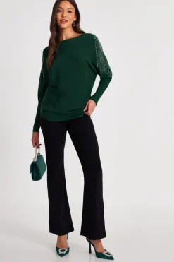 Quiz Knitted Diamante Jumper Bottle Green Clearance
