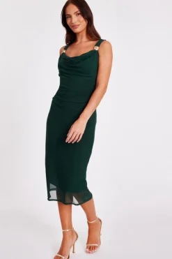 Quiz Mesh Buckle Detail Midi Dress Bottle Green Outlet