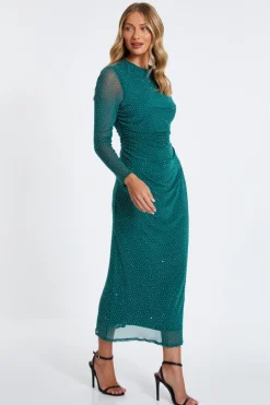 Quiz Rhinestone Midaxi Dress Bottle Green New