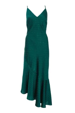 Quiz Satin Asymmetric Midaxi Dress Bottle Green Clearance