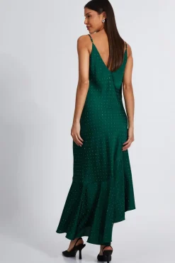 Quiz Satin Asymmetric Midaxi Dress Bottle Green Clearance