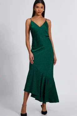 Quiz Satin Asymmetric Midaxi Dress Bottle Green Clearance