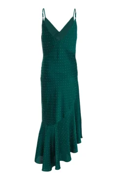 Quiz Satin Asymmetric Midaxi Dress Bottle Green Clearance