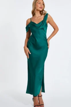 Quiz Satin Drop Shoulder Maxi Dress Bottle Green