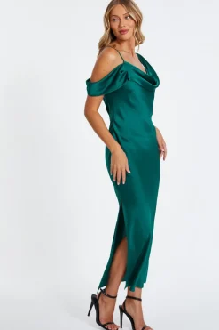 Quiz Satin Drop Shoulder Maxi Dress Bottle Green