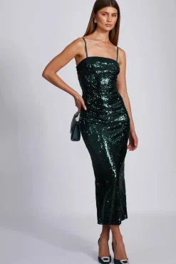 Quiz Bottle Green Sequin Midaxi Dress Clearance