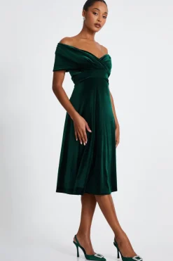 Quiz Bottle Green Velvet Bardot Midi Dress Hot