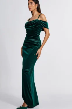 Quiz Bottle Green Velvet Cowl Neck Maxi Dress New