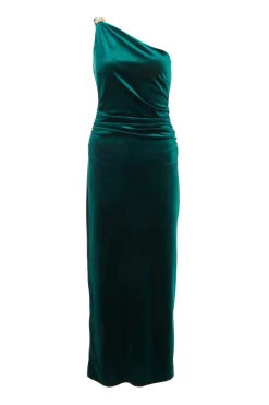Quiz Velvet One Shoulder Midaxi Dress Bottle Green Clearance