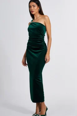 Quiz Velvet One Shoulder Midaxi Dress Bottle Green Clearance