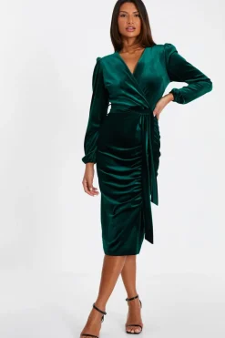 Quiz Bottle Green Velvet Ruched Midi Dress Sale