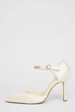 Quiz Bridal White Satin Diamante Court Heels Outlet