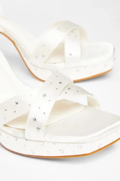 Quiz Bridal Wide Fit White Diamante Platform Heels Sale