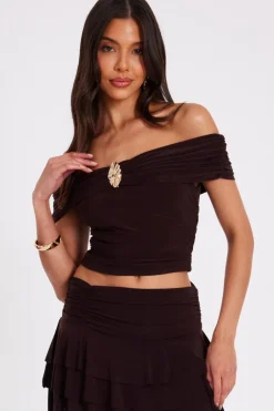 Quiz Bardot Crop Top Brown Sale