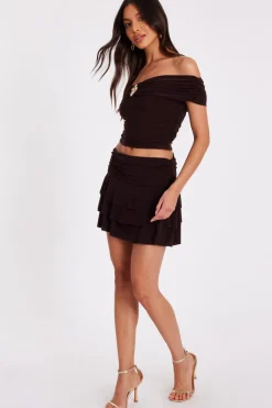 Quiz Bardot Crop Top Brown Sale