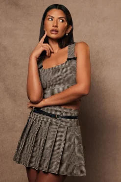 Quiz Checked Mini Skirt Brown Clearance