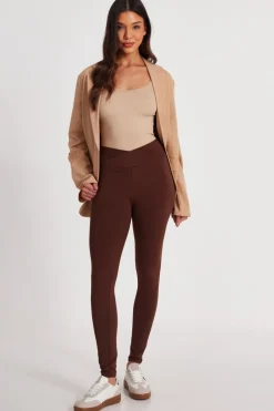 Quiz Crossover Waist Leggings Brown Outlet