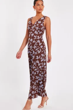 Quiz Brown Floral Midaxi Dress Clearance