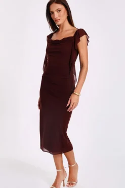 Quiz Frill Midi Dress Brown