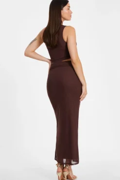 Quiz Brown Glitter Mesh One Shoulder Crop Top Clearance