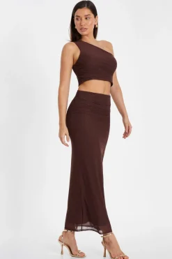 Quiz Brown Glitter Mesh One Shoulder Crop Top Clearance