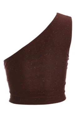 Quiz Brown Glitter Mesh One Shoulder Crop Top Clearance