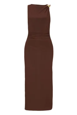 Quiz Gold Buckle Midaxi Dress Brown New
