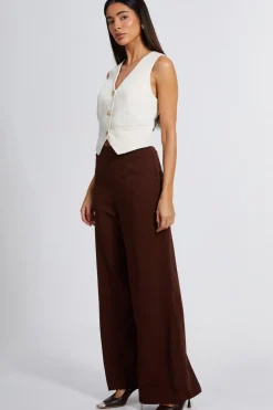 Quiz High Waist Wide Leg Trousers Brown Outlet