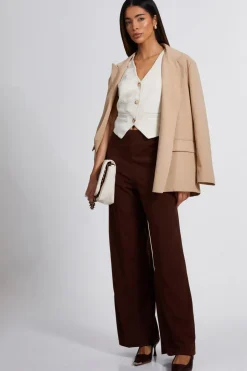 Quiz High Waist Wide Leg Trousers Brown Outlet