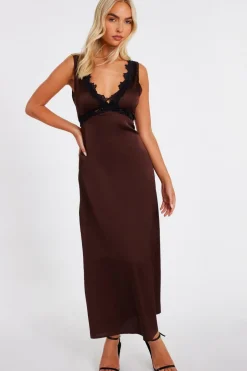 Quiz Brown Lace Trim Midaxi Dress