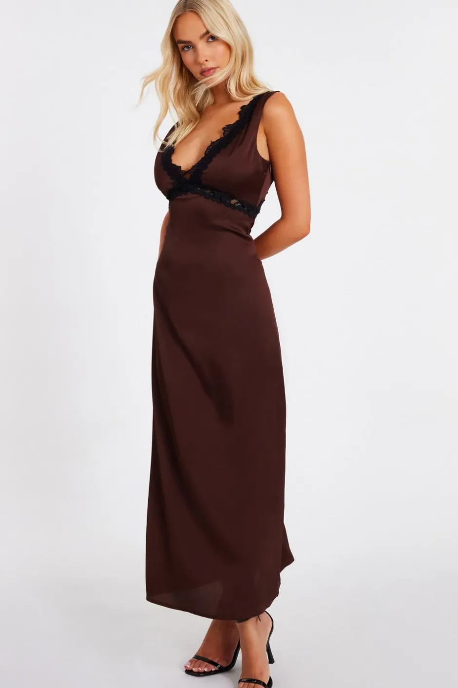 Quiz Brown Lace Trim Midaxi Dress