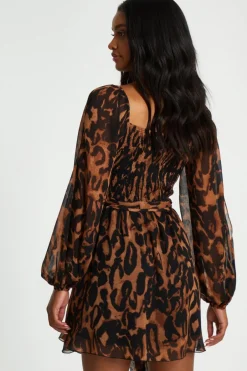 Quiz Brown Leopard Print Open Sleeve Skater Dress New