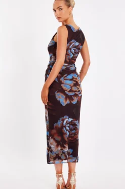 Quiz Brown Mesh Floral Midaxi Dress Hot
