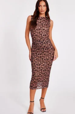 Quiz Brown Mesh Leopard Print Midi Dress
