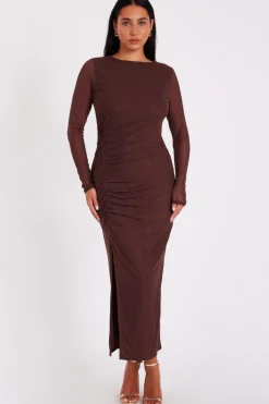 Quiz Mesh Long Sleeve Midaxi Dress Brown Outlet