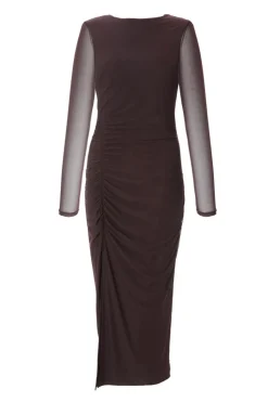 Quiz Mesh Long Sleeve Midaxi Dress Brown Outlet