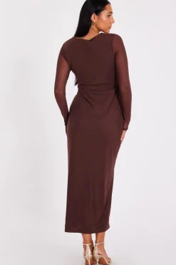 Quiz Mesh Long Sleeve Midaxi Dress Brown Outlet