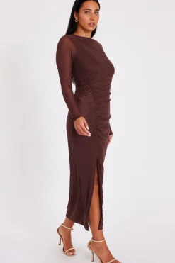Quiz Mesh Long Sleeve Midaxi Dress Brown Outlet