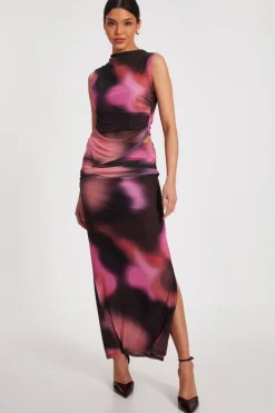 Quiz Mesh Marble Print Maxi Skirt Brown Hot